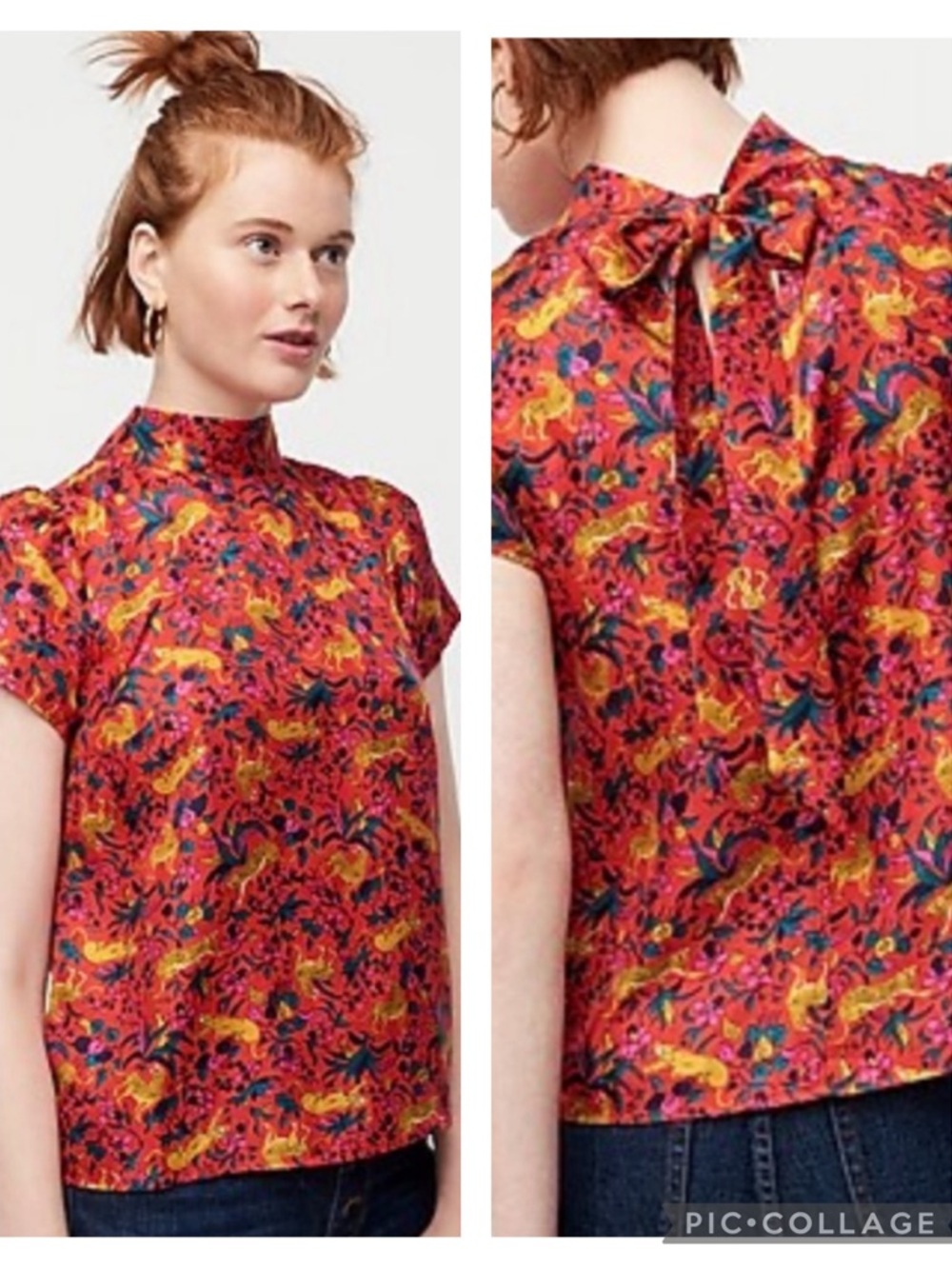 EUC J. Crew Collection RARE Silk Bow Back Top in Jungle Cat Floral Print